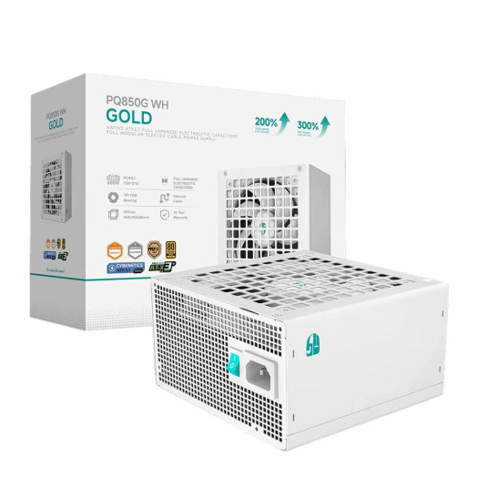 DeepCool PQ850G Fully Modular Power Supply, 850W Power, 80 PLUS Gold Efficiency, Fluid Dynamic Bearing Fan, Full Japanese Electrolytic Capacitors, ATX12V V3.1 Type, White | R-PQ850G-FD1W-JGUK-V1
